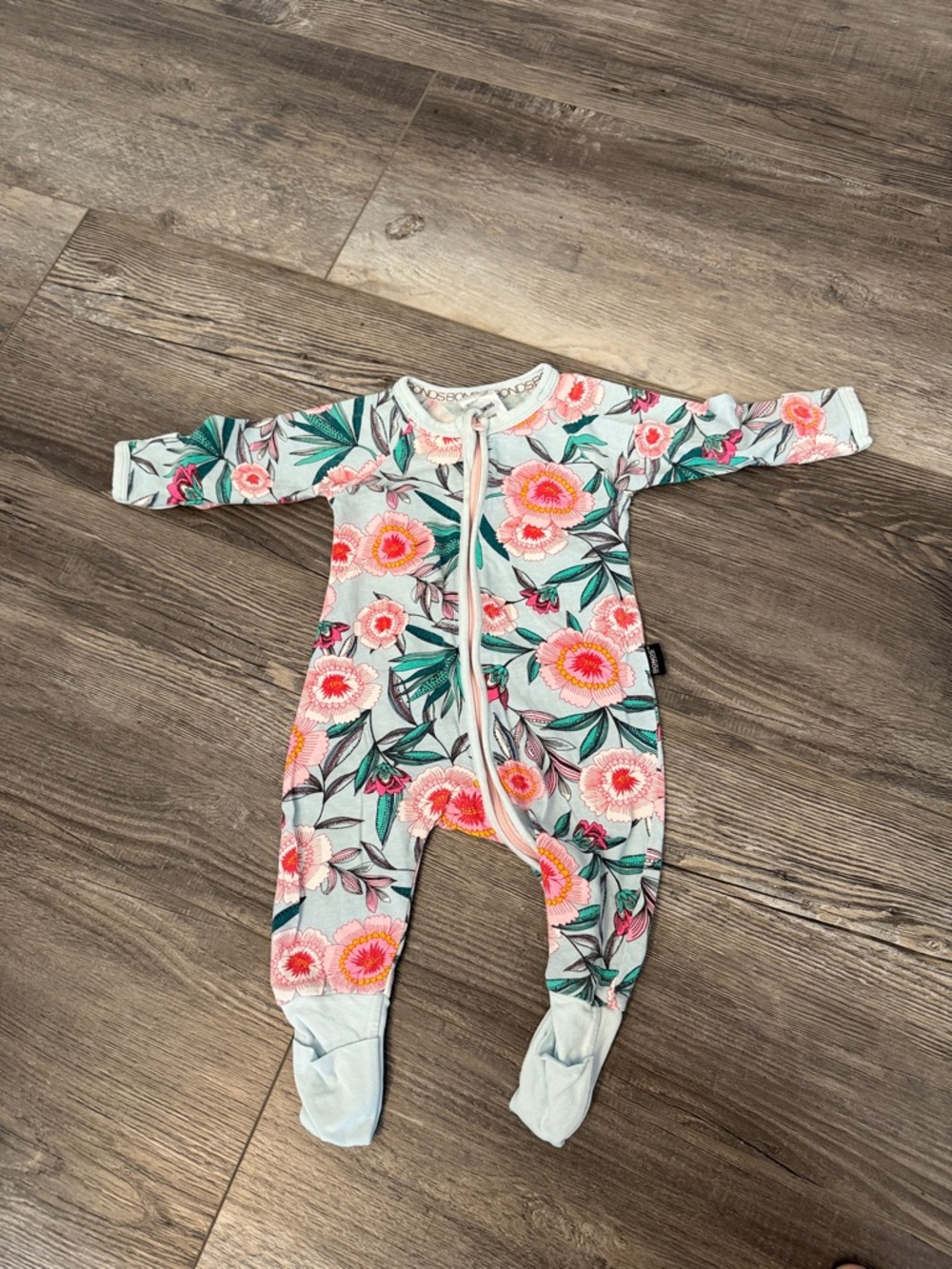 Bonds Floral Footed Baby One-Piece Romper - Pink Floral on Light Blue